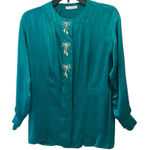 St. John Vtg 100% Silk Blouse Green Embroidered Golden Tie 4 Christmas Classic Photo 0