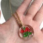 Vintage Germany Painted Rose Round Plastic Pendant Gold Chain Necklace Photo 0