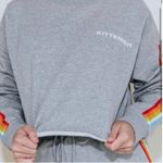 Kittenish  Rainbow Side Stripe Cropped Raw Hem Grey‎ Pullover Sweatshirt Medium Photo 2
