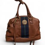 Tommy Hilfiger Brown Pebbled Leather Gold Tone Logo Bowler Satchel Shoulder Crossbody Hand Bag Purse Striped #Preppy Quiet #Luxury #Chic #Office siren #Workwear Measurement in pics Photo 0