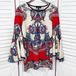 Melissa Paige Paisley Damask Print Bell Sleeve Knit Tunic Top Red Cream Small Photo 7