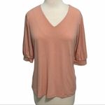 JM Collection Puff Sleeves Tee Shirt Top V-Neck Stretchy Pink Sunstone Small Photo 1