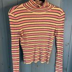Striped Pink and Yellow Ribbed Turtleneck Sweater | Size Small Photo 0