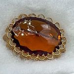 Vintage huge W.Germany facetted amber colored glass brooch. Gold Photo 5