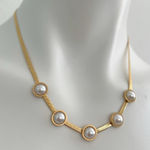 18K Gold Plated White Pearl Snake Herringbone Necklace Stainless Steel Womens Photo 0