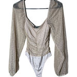 Lulus Ruching Around Town Beige Swiss Dot Long Sleeve Bodysuit Size XS Photo 0