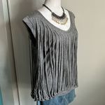 BCBGMAXAZRIA New Distressed Fringe Overlay Festival V-Neck Cap Sleeve Tee Shirt Photo 1