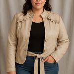 Bebe  Faux Leather Moto Jacket with Ruffle Trim & Belt Beige size Large Photo 0