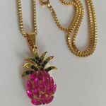 Fuschia Pink Crystal Pineapple Pendant and Chain Necklace Gold Plated Steel New Photo 0