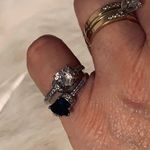 Two Heart Shaped Clear and Blue Stones Silver Tone Bands Size 7 3/4 Photo 1