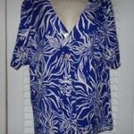 Chico's royal blue white short sleeved button front cardigan 2 flower print Photo 0
