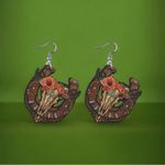 Western bullhead flower pattern wooden drop‎ earrings Brown Photo 3