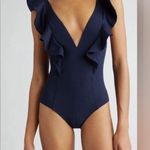 Ulla Johnson Evelina Ruffle Plunge One-Piece Swimsuit, Navy, Size Medium, $380 Photo 0
