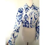NWT Mulla Print Tie Front Cropped Long Sleeve Blouse Trendy Sz L (Small Stain) White Size L Photo 6