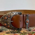 None Vintage 90s Saffron Made in Italy Brown Genuine Leather Stone Buckle Belt M Photo 0