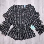 CeCe  Women's NWT Trendy Black Floral Print Ruffle Sleeve Blouse Large Photo 0