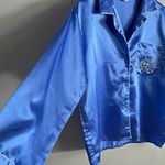 Vintage Satin Cosmo Pajama Shirt Blue Floral Embroidered Lounge Blouse M Pj’s Size M Photo 2