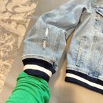 Pistola Denim Trucker Jacket Distressed Light Wash Varsity Cuffs Size L Photo 2