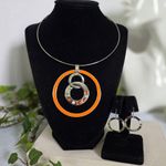 Boutique Silver Choker Necklace with Orange Enamel Circle Pendant and Earrings Set Photo 0