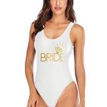 Women's Bride To Be Squad Team High Cut White Gold Swimsuit Size XL NWT #1883 Photo 0