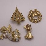 Lot Of 4 Gold Tone Costume Brooch Pins Christmas Holiday Wreath / Angel / Tree Photo 0