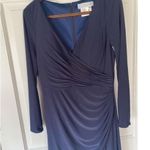 Mac Duggal Navy Blue 26573 Long Sleeve Ruched Jerset V-Neck Gown Dress Size 14 Photo 4
