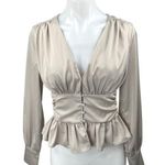 Jason Wu Beige Silk Satin V-neck Ruffle Peplum Long Sleeve Blouse Top Size XS Photo 0
