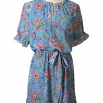 Loft Short Ruffle Sleeve Tie Waist Dress Blue Pink Floral Women’s Size Large Photo 0