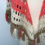 Handmade Vintage Boho  Womens Crochet Triangle Shawl Wrap Tan Coral Ivory Fringe Photo 1