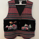 Vtg Oak Hill Black Velvet and Tartan Embroidered Cotton Christmas Vest Sz XL Photo 0