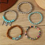 Western Lovely Vibrant Turquoise Stone Beaded Stretch Bracelet Elegant Stackable Brown Photo 2