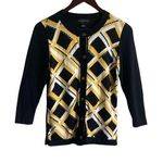 August Silk Women Cardigan Sweater S Navy Yellow Geometric Print Preppy Academia Photo 0