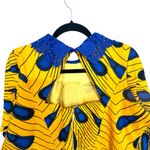 Vibrant African Print Yellow and Blue Long Sleeve Dress with Collared Beading Size M Photo 3