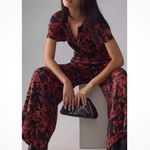Anthropologie  The Somerset Jumpsuit Satin Black Red Floral Print V Neck Small Photo 3