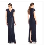 Adrianna Papell  Navy Lace V Neck Scalloped Long Cap Sleeve Gown Sz 6 Photo 9