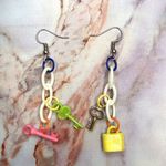 Handmade Plastic Chain Earrings with Lock and Key Charms White Photo 2