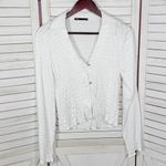 ZARA Textured Scrunch Satin Split Bottom Button Up Shirt White Medium Crop Open Photo 7
