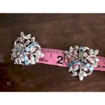 Vintage 90's Womens Chunky Blue & Silver Floral Leafy Rhinestone Earrings Elegan Photo 1