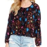 Free People  Black Floral Wildflower Honey Mesh Ruffle Peasant Blouse S Photo 2