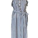 Blush J Striped Jumpsuit Blue White Chambray Sleeveless Belted Crop Medium EUC Photo 0