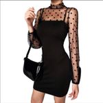 Women's Black Mock Neck Long Sleeve Polka Dot Cocktail Mini Dress Size XS Photo 1