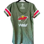 47 Brand Minnesota Wild NHL Hockey T-Shirt Green Striped Sleeve Logo Large C24 Photo 0