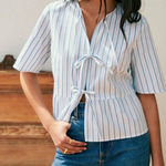 Sézane NWT  Ileana Striped Tie-Front Crop Blouse | Sz EU 36 (US 4) | Ecru/Blue Photo 0