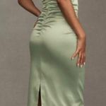 BHLDN Anthropologie Strapless Green Satin Dress Ruched Knee Length Size Med NWT Photo 1