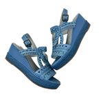 Sundance  Pampil Wedge Sandals Cut Out‎ Embroidered Leather Blue Size 39 US 8 Photo 1