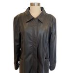 Kenzie Faux Leather Trench Coat Black Brown Stitching Y2K Zara Style Long Jacket Size L Photo 2