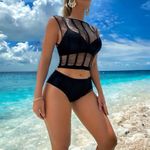 Black Seductive Fishnet Lingerie Set, Hollow‎ Out Bra & Elastic Panties One Size Size undefined Photo 4