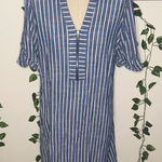 Anne Klein Linen Style Blue and White Shift T-Shirt Dress Striped Gold Accents Photo 0