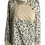 Leopard Print Fleece Pullover Sweater S White Snaps Long Sleeve High Neck Photo 0