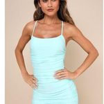 Lulus  Confident Allure Mint Green Ruched Lace-Up Bodycon Mini Dress Party Size L Photo 0